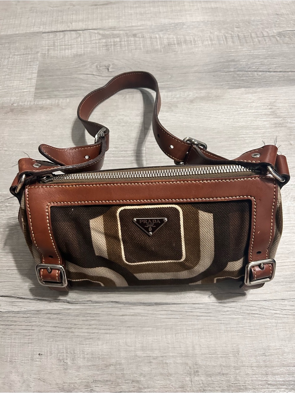 Prada Brown and Tan Geometric Canvas Shoulder Bag